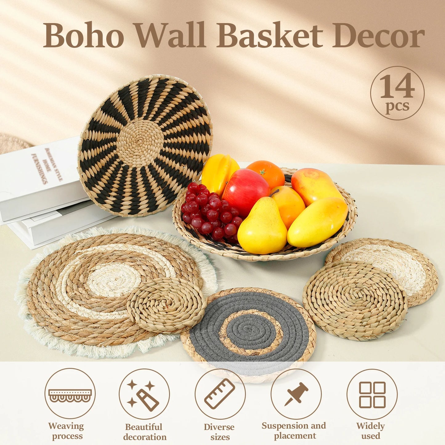 Natural Rattan Wall Basket Decor - Boho Handmade Farmhouse